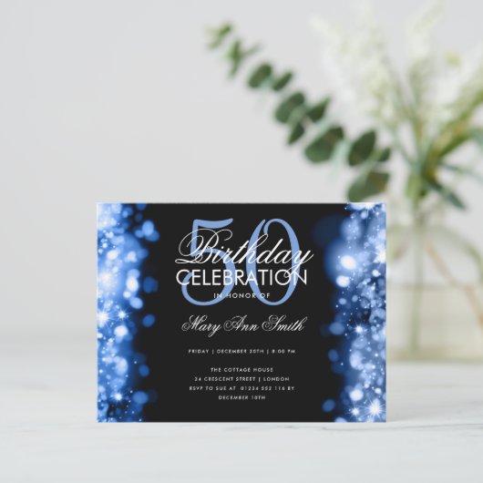 Budget Birthday Elegant Navy Blue Lights Invite Briefkaart (Staand voorkant)