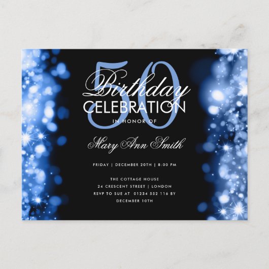 Budget Birthday Elegant Navy Blue Lights Invite Briefkaart (Voorkant)