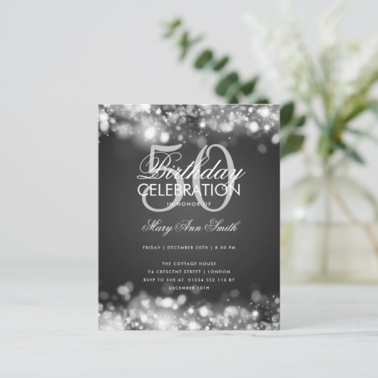 Budget Birthday Elegant Silver Licht Invite (Staand voorkant)
