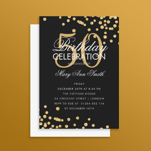 Budget Birthday Glitter Confetti Gold Black Invite Notitiekaartje