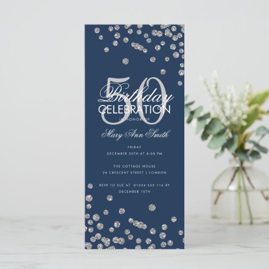 Budget Birthday Glitter Confetti Silver & Navy (Staand voorkant)