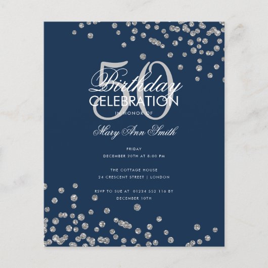 Budget Birthday Glitter Confetti Silver Navy (Voorkant)