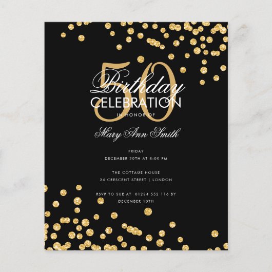 Budget Birthday Gold Glitter Confetti Black Flyer (Voorkant)