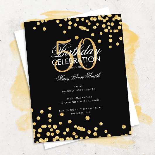 Budget Birthday Gold Glitter Confetti Black Flyer