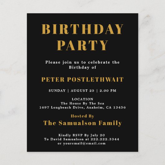Budget Birthday Invitation Black en Gold Flyer (Achterkant)