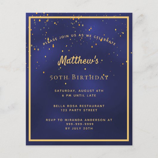 BUDGET Birthday party blue Gold mannen uitnodiging (Voorkant)