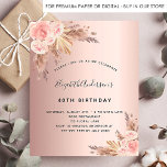 Budget Birthday party boho pampas roos gold<br><div class="desc">Voor een moderne boho stijl 40th (of om het even welke leeftijd) verjaardagsfeestje. Een stijlvolle witte achtergrond. Gedecormeerd met roos goud en roze floralen,  rozen en pamapgras. Pas een naam en partijdetails aan en voeg deze toe.</div>