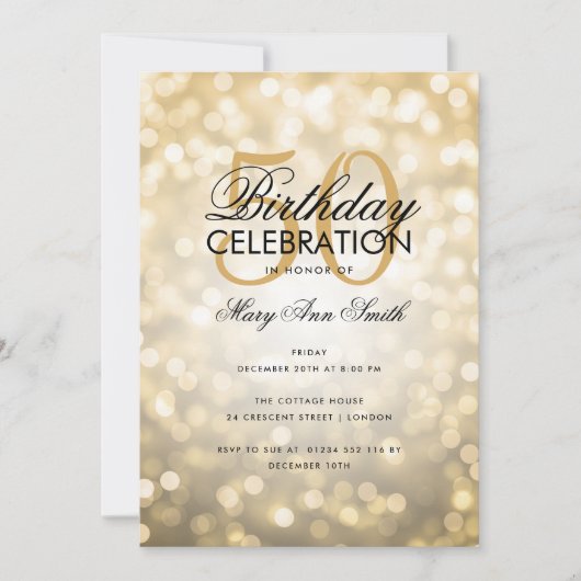 Budget Birthday Party Elegant Gold Sparkle Lights Kaart (Voorkant)