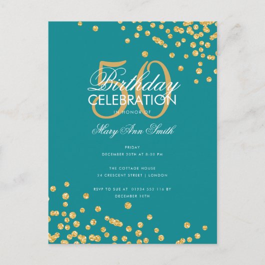 Budget Birthday Party Glitter Confetti Gold Blauwg Briefkaart (Voorkant)
