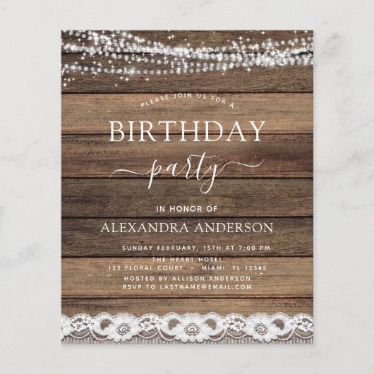 Budget Birthday Party Rustic Farmhouse Lace Flyer (Voorkant)