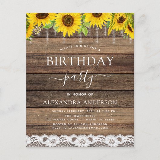 Budget Birthday Party Sunflower Rustic Uitnodiging (Voorkant)