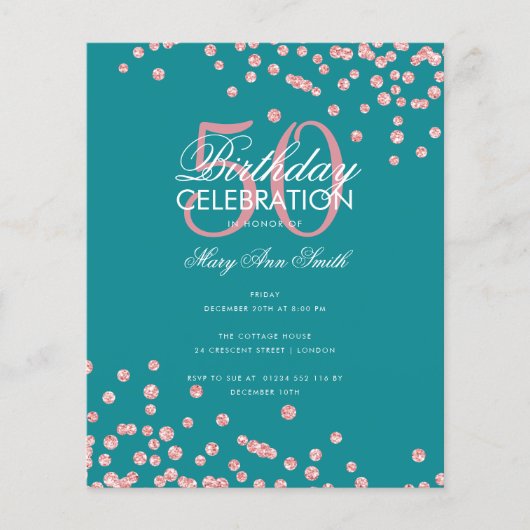 Budget Birthday Roos Gold Glitter Blauwgroen Flyer (Voorkant)