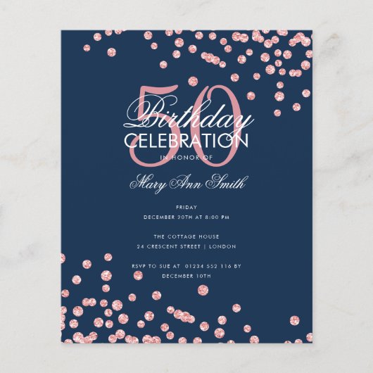 Budget Birthday Roos Gold Glitter Navy Flyer (Voorkant)