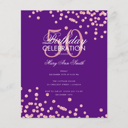 Budget Birthday Roos Gold Glitter Paars Flyer (Voorkant)