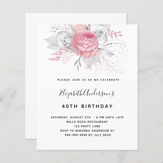 Budget Birthday roze florals elegant uitnodiging (Voorkant / Achterkant)