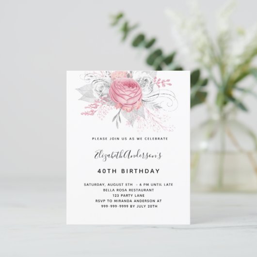Budget Birthday roze florals elegant uitnodiging (Staand voorkant)