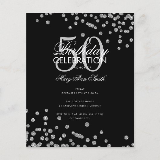 Budget Birthday Silver Glitter Confetti Black Flyer (Voorkant)