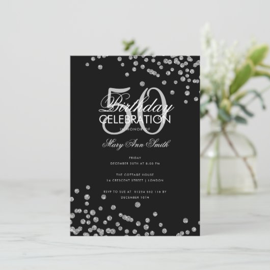 Budget Birthday Silver Glitter Confetti Black Kaart (Staand voorkant)