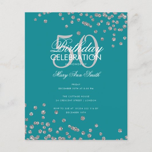 Budget Birthday Silver Glitter Confetti Blauwgroen Flyer (Voorkant)
