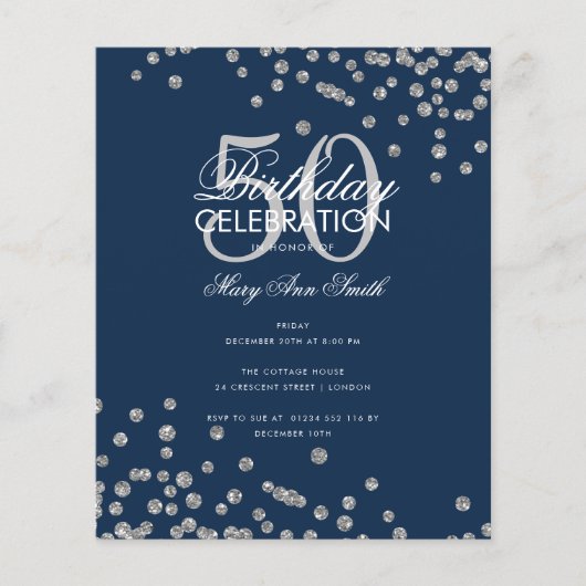 Budget Birthday Silver Glitter Confetti Navy Flyer (Voorkant)