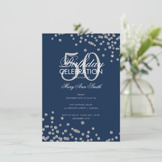 Budget Birthday Silver Glitter Confetti Navy Kaart (Staand voorkant)