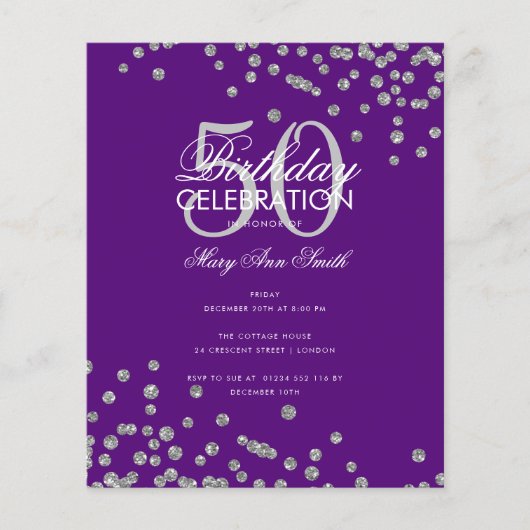 Budget Birthday Silver Glitter Confetti Paars Flyer (Voorkant)