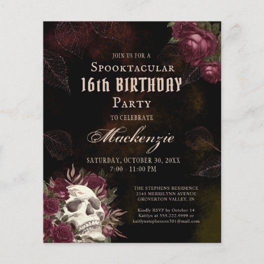 Budget Birthday Skull and Rozen Party Invitation (Voorkant)
