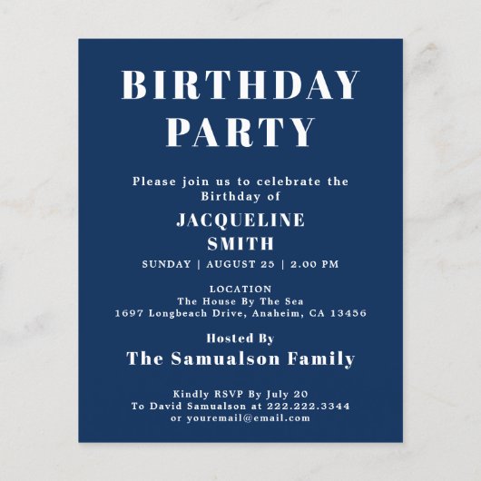 Budget Birthday Uitnodiging Blauw Wit Flyer (Achterkant)