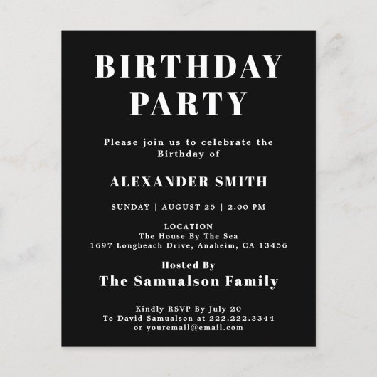 Budget Birthday Uitnodiging zwart-wit Flyer (Achterkant)