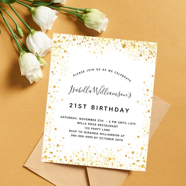 Budget birthday white gold glitter invitation (Creator heeft geüpload)