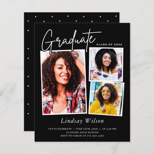 Budget Black Afstudeerder 3 Fotografie-uitnodiging (Voorkant / Achterkant)