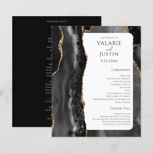 Budget Black Agate Gold Glitter Weddenprogramma (Voorkant / Achterkant)