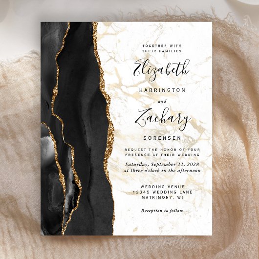 Budget Black Agate Gold Marble Wedding Uitnodiging