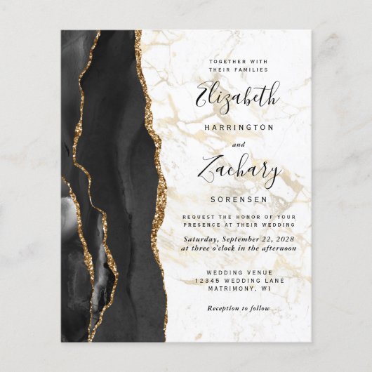 Budget Black Agate Gold Marble Wedding Uitnodiging (Voorkant)