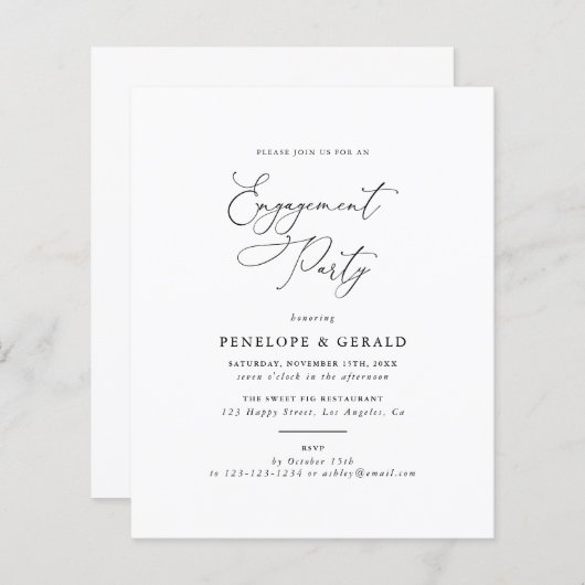 Budget Black and White Engagement Party uitnodigin (Voorkant / Achterkant)
