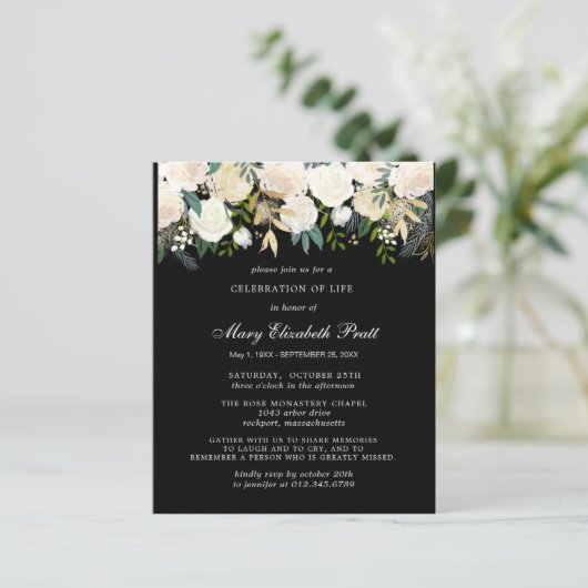 Budget Black and White Floral Funeral Invitation (Staand voorkant)