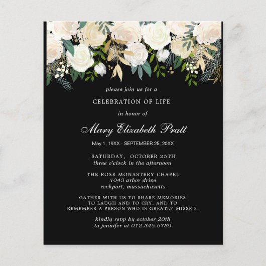 Budget Black and White Floral Funeral Invitation (Voorkant)