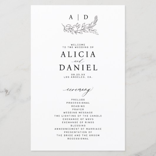 Budget black and white monogram wedding program (Voorkant)