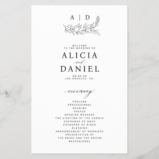 Budget black and white monogram wedding program flyer (Voorkant)