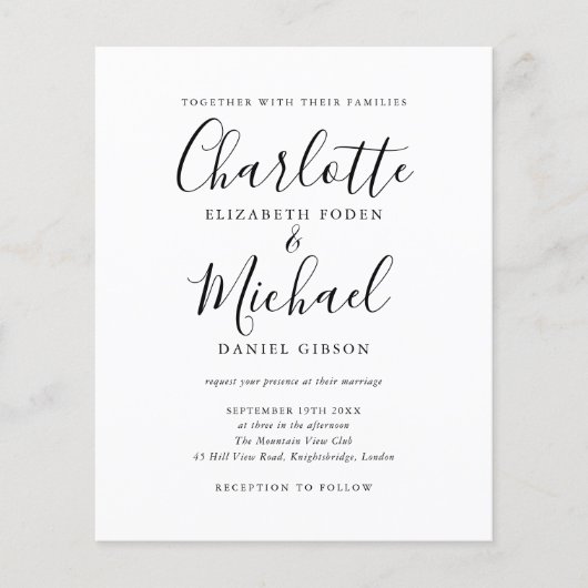 Budget Black and White Script Wedding Invitation (Voorkant)