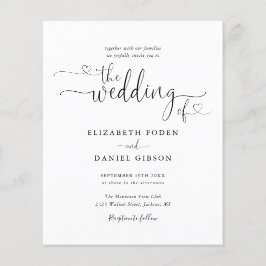 Budget Black and White Script Weduwen Uitnodiging (Voorkant)