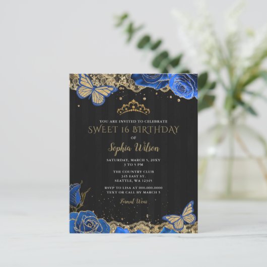 Budget Black Blue Rozen Lace Sweet 16 Uitnodiging (Staand voorkant)