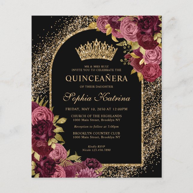 Budget Black Burgundy Glam Gold Floral Quinceanera (Voorkant)