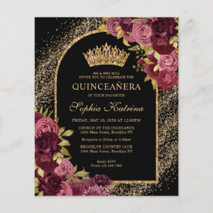 Budget Black Burgundy Glam Gold Floral Quinceanera