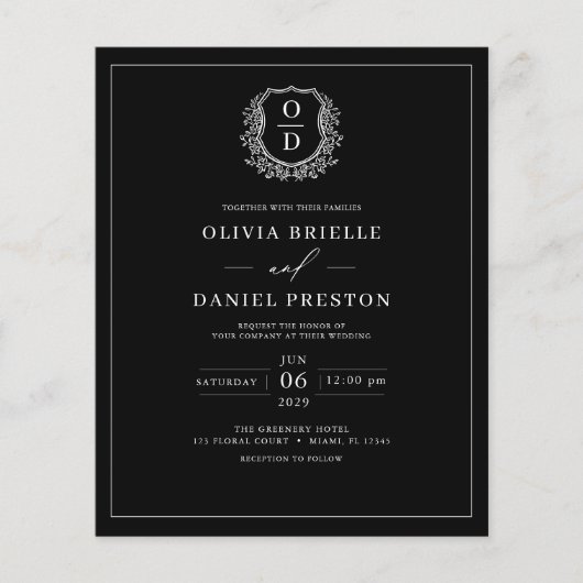 Budget Black Crest Monogram Huwelijksuitnodiging Flyer (Voorkant)