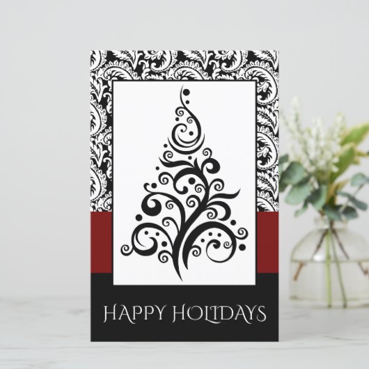 Budget Black Damask-kerstboomfeestkaart (Staand voorkant)