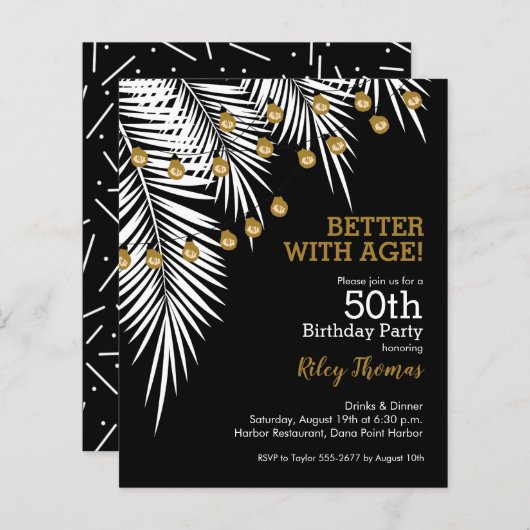 Budget Black en Gold 50th Birthday-uitnodigingen (Voorkant / Achterkant)