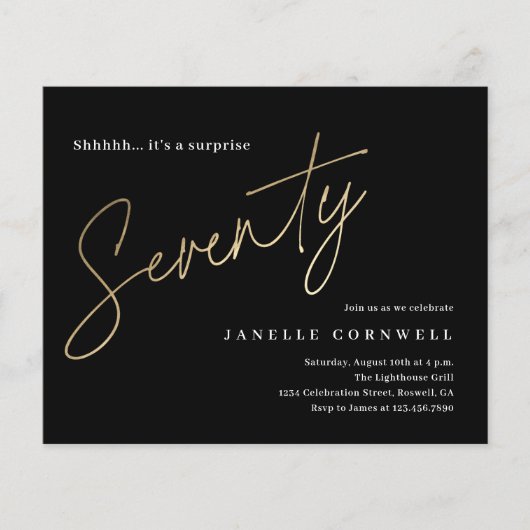Budget Black en Gold 70th Birthday Uitnodiging (Voorkant)