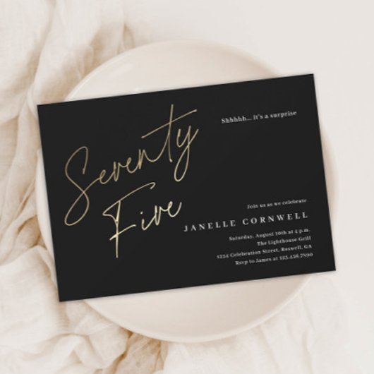 Budget Black en Gold Script 75th Birthday Invite