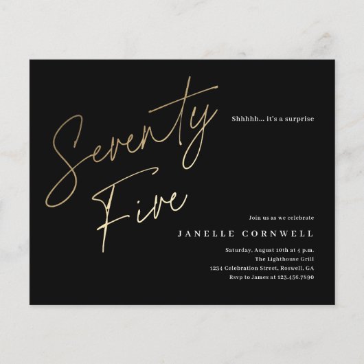 Budget Black en Gold Script 75th Birthday Invite (Voorkant)